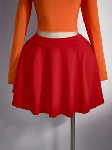 SHEIN CURVE+ Plus Size Women Solid Color Cutout Design Long Sleeve T-Shirt And Skirt Set - Multicolor - View 4