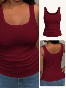 Slaydiva Plus Size Women Solid Color Square Neck Casual Versatile Tank Top - Burgundy - View 6