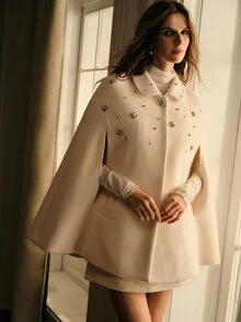 MOTF PREMIUM 2026 AUTUMN/WINTER NEW BEADED CAPE COAT WOMEN'S WOOL BLEND OUTERWEAR - White - View 1