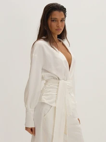 MUSEYN White Wrap Tie Drape Plunge Long Sleeve Blouse Classy Date Night Chic Evening Fall - Cream - View 4