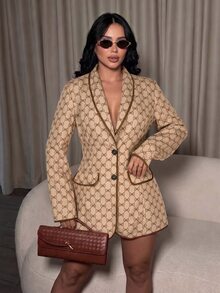 SOLERSUN Sexy Elegant Commuter Workplace Blazer Vintage Print Slim Fit Autumn Winter Jacket Old Money Style Women (Random Floral) - Khaki - View 7