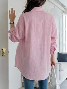 DAZY Striped Loose Long Sleeve Lapel Tie Casual Vacation Korean Style Autumn Winter Maternity Blouse - Pink - View 2