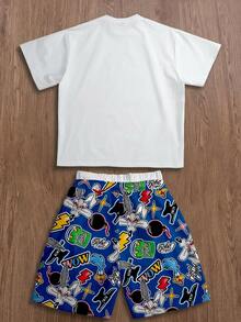 LOONEY TUNES X SHEIN Daypath Men Summer Cartoon Graphic Short Sleeve Tee & Shorts Set - Multicolor - View 5