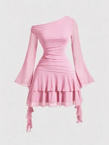 Skyraze Women's Solid Color Asymmetrical Shoulder Flared Sleeve Ruffle Hem Pleated Dress - Pink - View 5