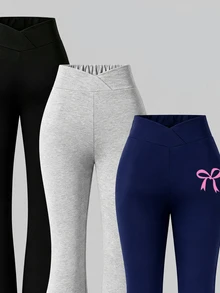 SHEIN ChillGRL 3件組女款時尚黑粉漸層極簡黑色修身喇叭腿緊身褲，百搭休閒春夏季秋季校園與外出穿搭 - 彩色 - 查看 5