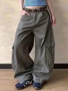 DAZY Army Green High-Waist Side Flap Large Pocket Loose Wide Leg Cargo Casual Pants For Women - Army Green - View 1