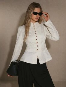 Poéselle Women's Ivory Textured Jacquard Jacket – Structured Mandarin-Collar Long-Sleeve Blazer With Gold Buttons, Defined Waist And Peplum Hem Fall/Winter - Apricot - View 8
