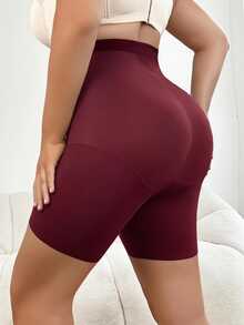 SHEIN 大尺碼女款純色雙層收腹平口內褲 - 酒紅色 - 查看 2