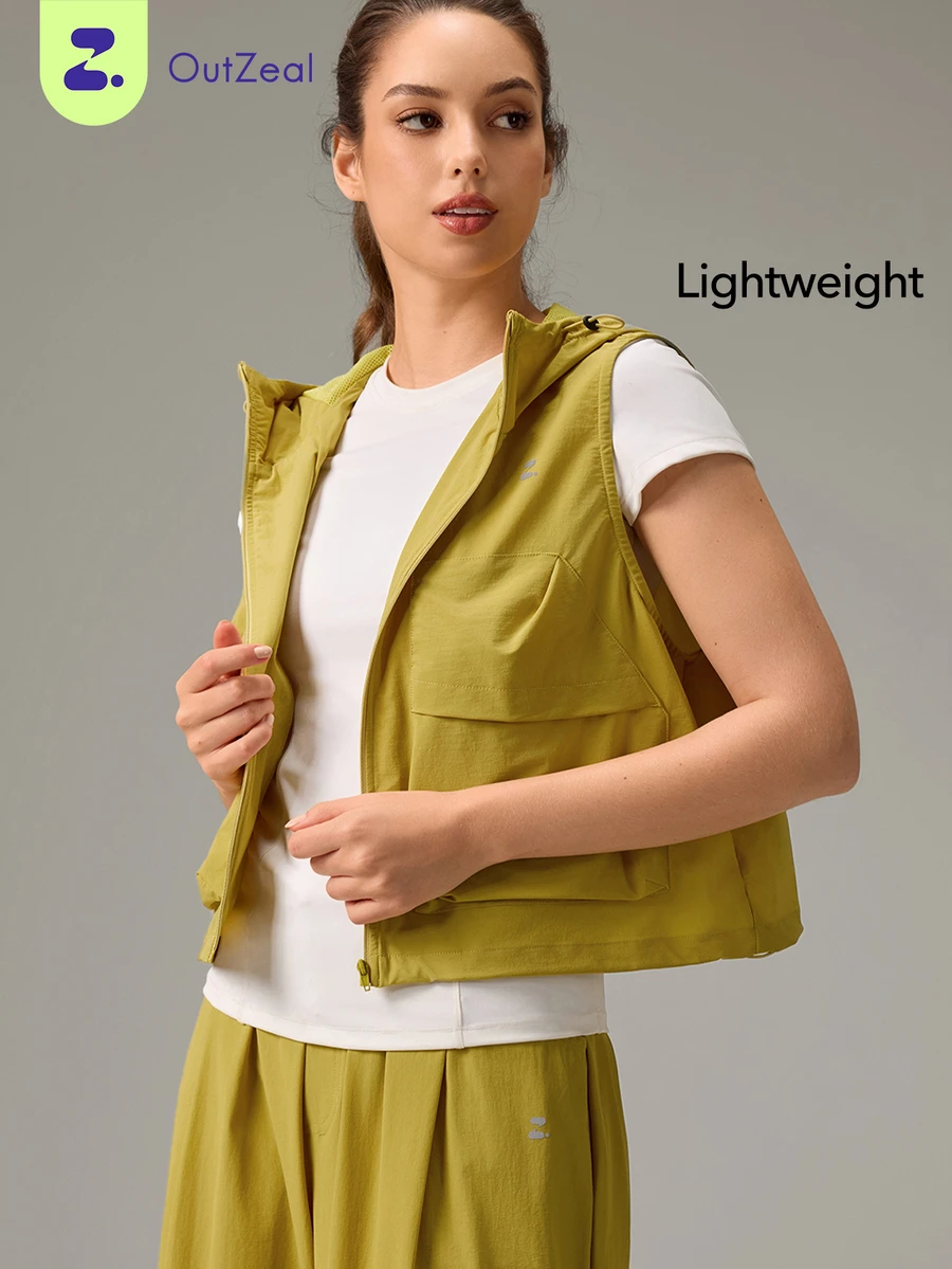 OutZeal Women Sports Jacket Solid Color Gym Workout Hooded Non-Sleeve Vest With Large Pocket - Mustard Yellow - View 1