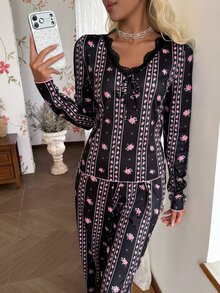 CottageSlumber Ditsy Floral Pajama Set With Delicate Lace Trim, Comfortable Casual Long Sleeve & Long Pants - Black - View 4