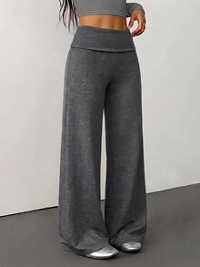 SHEIN PETITE 女款純色高腰極簡休閒日常百搭時尚寬腿長褲 - 深灰色 - 查看 1
