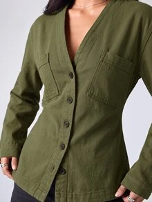 LYSMO Women's V-Neck Long Sleeve Single-Breasted Pocket Design Casual Denim Top - Army Green - View 4