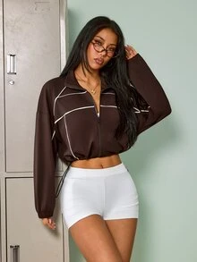 SHEIN Sovereign Charm Women's Striped Colorblock Drawstring Zipper Sports Sweatshirt - Brown - View 4