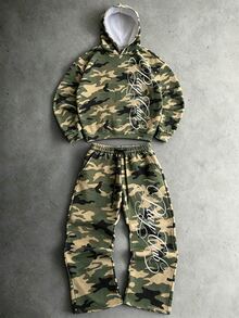 Manfinity EMRG Men's 2-Piece Camo Print Hoodie & Sweatpants Set, Letter Graphic Pullover And Drawstring Pants For Casual Streetwear, Daily Wear & Outings - Multicolor - View 1