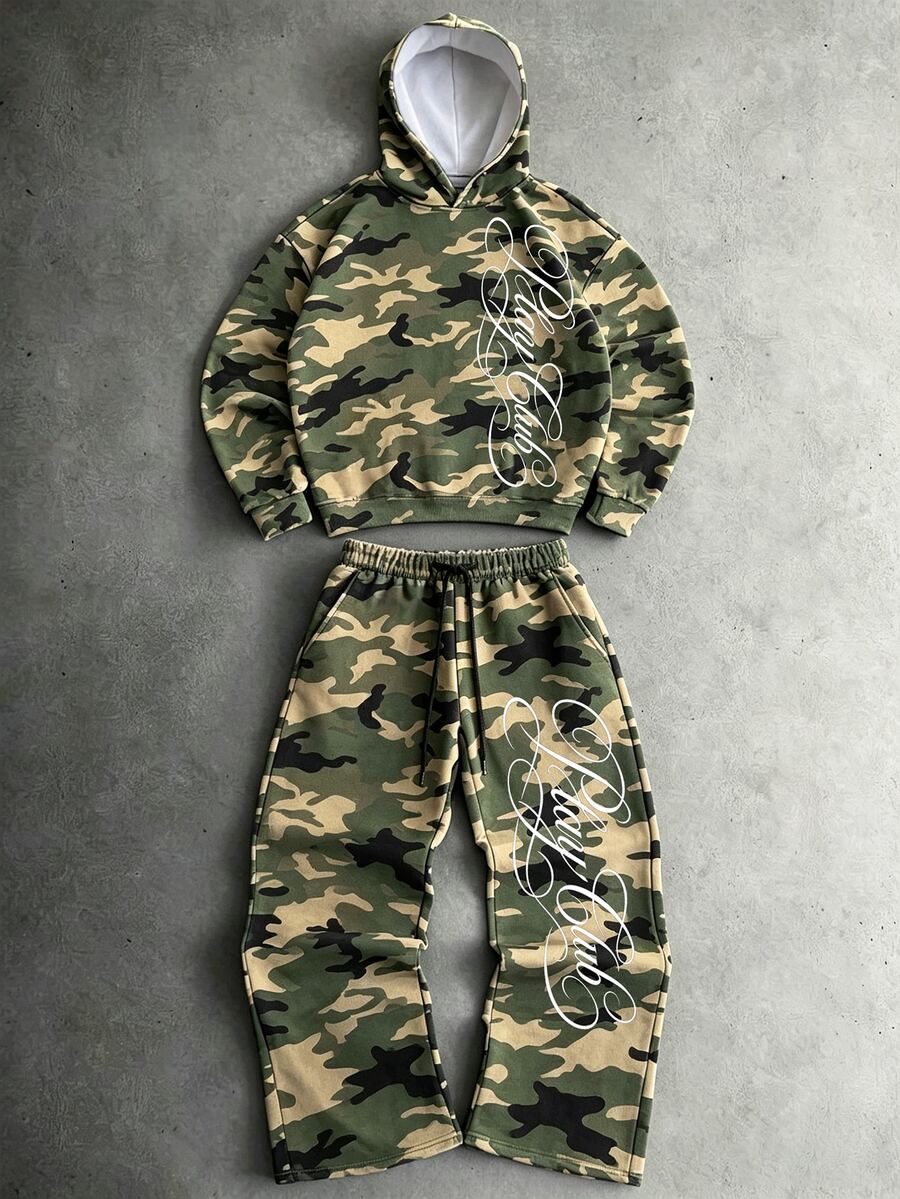 Manfinity EMRG Men's 2-Piece Camo Print Hoodie & Sweatpants Set, Letter Graphic Pullover And Drawstring Pants For Casual Streetwear, Daily Wear & Outings - Multicolor - View 1