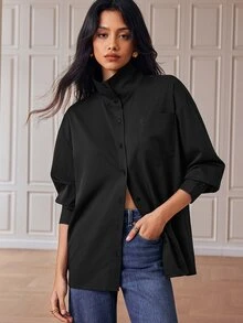 Écloséra Kemeja Lengan Panjang Klasik Gaya Eropa & Amerika Musim Semi Panas Baru Fashion Serbaguna Warna Polos Kerah Besar Elegan untuk Ngantor - Hitam - View 1