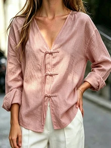 SHEIN 女款亞麻V領長袖流蘇旗袍鈕扣襯衫 - 粉色 - 查看 6