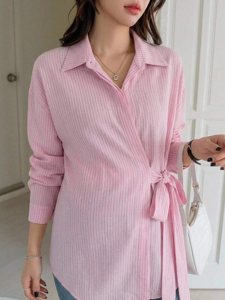 DAZY Striped Loose Long Sleeve Lapel Tie Casual Vacation Korean Style Autumn Winter Maternity Blouse - Pink - View 1