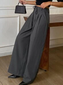 DAZY Grey High Waist Tie Pleated Loose Wide Leg Casual Versatile Commute Long Pants For Women Daily Wear - Grey - View 8