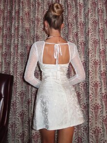 Glamine Charm Sequin Mesh Patchwork Vintage 3D Embossed Floral Square Neck Long Sleeve A-Line Women Dress - White - View 2
