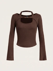 SHEIN EZwear 女款秋冬 Y2K 羅紋針織二合一連身衣喇叭袖長袖上衣 - 棕色 - 查看 3