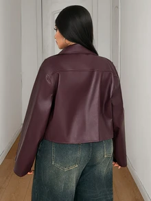 Maweii Plus Size Women's Autumn/Winter Plus Size Lapel Long Sleeve Jacket Cool Loose Fit - Burgundy - View 2