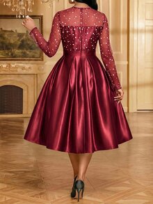 SHEIN Lady CURVE Plus Size Elegant Rhinestone Embellished Satin Patchwork Dress - Burgundy - View 2