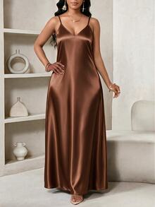 SHEIN Lady Plus Size Elegant Elegant Satin Spaghetti Strap Dress For Date - Brown - View 3