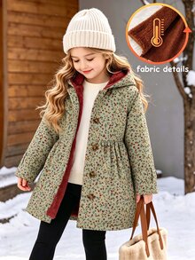 Souflis Souflis 女童冬季灰色綠色碎花印花保暖內裡連帽雙排扣時尚長袖外套，適合日常休閒可愛田園風穿搭 - 綠色 - 查看 3