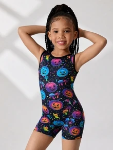 Young Girls Halloween Pumpkin Print Sports Romper, Children Dance Gymnastics Leotard, High Elasticity Romper - Multicolor - View 4