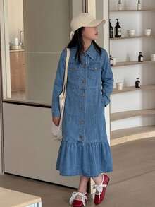 DAZY Tween Girl Fashion Button Pocket Design Long Sleeve Denim Dress - Medium Wash - View 4