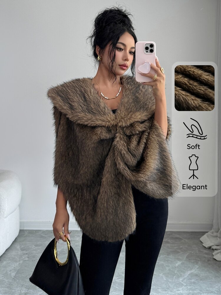 SHEIN Elenzya 優雅人造狐狸毛大尺寸披肩外套，適合秋冬派對與節日穿著 - 彩色 - 查看 1