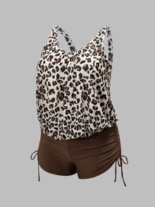 Swim Lushoire Plus Size Women's Summer Beach Vacation Leopard Print Tankini Set - Multicolor - View 3