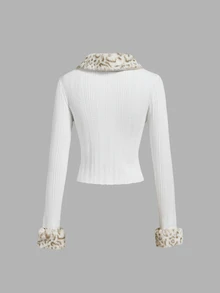 SHEIN MOD Women's Patchwork Animal Print Fur Collar Zip-Up Knit Cardigan - White - View 2