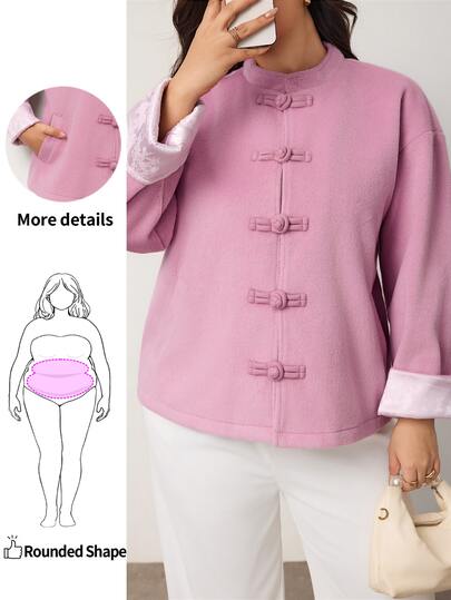 Enliva Plus Size Women's Wool Blend Coat Frog Button Mandarin Collar Long Sleeve Outerwear Flattering Compatible With Apple Shape Rounded Body