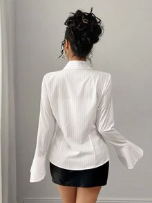 SHEIN Plus Size Women's Striped Long Sleeve Single-Breasted Casual Shirt - White - View 2