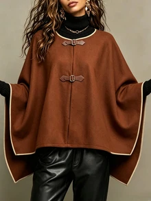SHEIN Women's Autumn/Winter Piped Trim Snap Button Front Cape Overcoat - Apricot - View 5