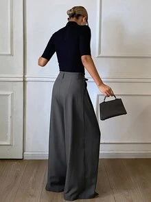 DAZY Grey High Waist Tie Pleated Loose Wide Leg Casual Versatile Commute Long Pants For Women Daily Wear - Grey - View 2