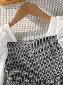 SHEIN 白色黑色拼接長袖羊腿袖3D花朵洋裝 時尚優雅仙女公主風 舒適 適合嬰兒洗禮 7歲生日派對 秋季 - 彩色 - 查看 6