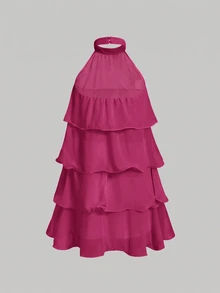 Skyraze White Multi-Layer Ruffle Halter Neck Stand Collar Mini Dress - Red Violet - View 2
