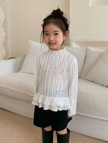 DAZY Baby Girl Solid Color Casual Cable Knit Lace Patchwork Top - White - View 6