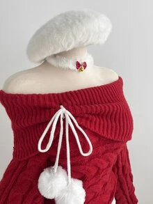 Elamini Women's Red Sexy Versatile Square Neck Cute Pom Pom Daily Commute Christmas Outfit Autumn Winter Pullover Sweater - Red - View 2