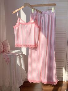 Comfortcana Women's Contrast Lace Striped Camisole Top And Long Pants 2 Pieces Set - Pink - View 2