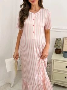 Moonlight&Mama Women's Casual Pink & White Striped Button Front Crew Neck Pullover Maternity Long Nightgown - Multicolor - View 3