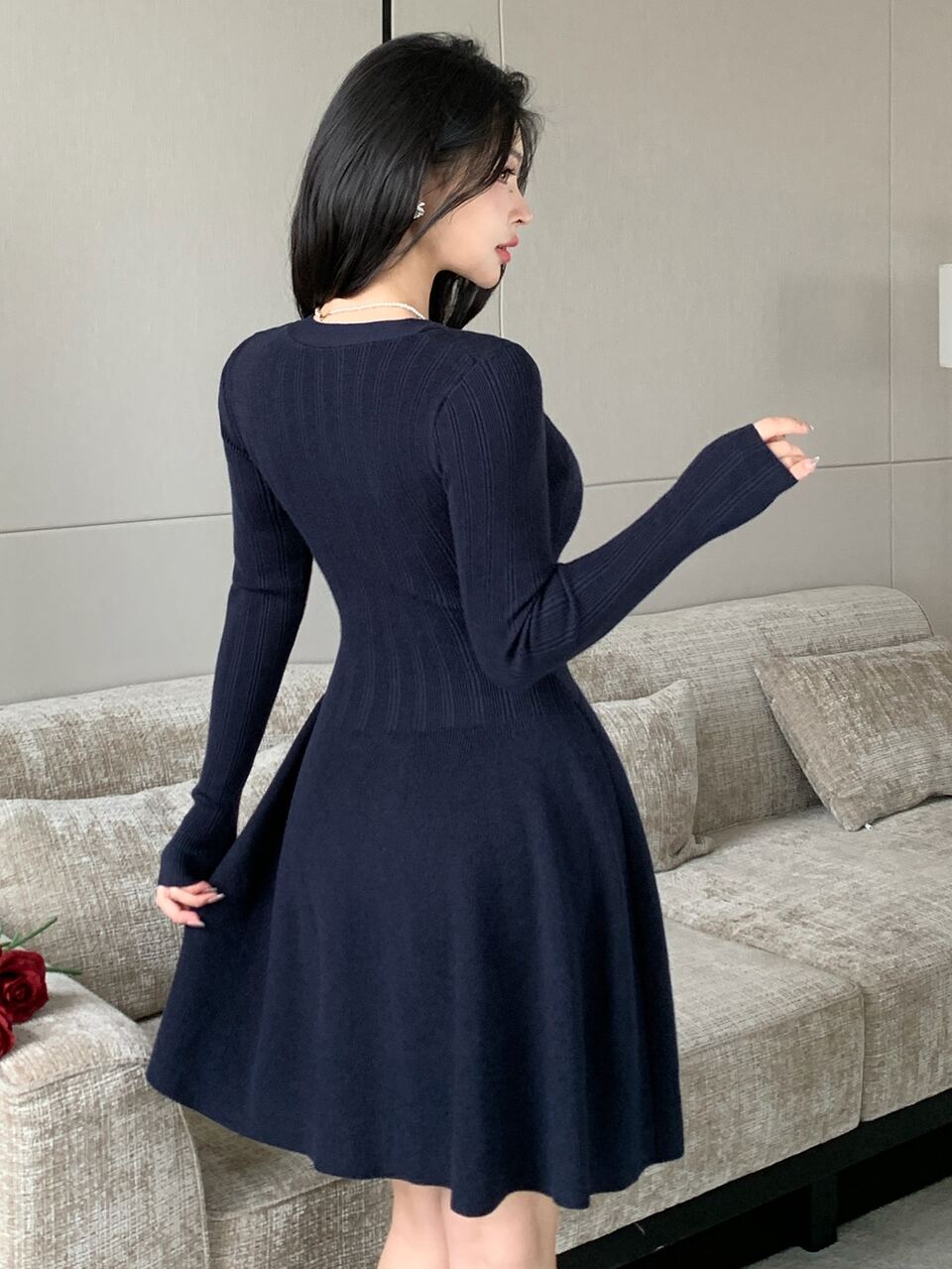 Women's Contrast Lace V-Neck Long Sleeve Single-Breasted Knit Dress