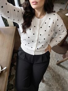 Dripcurv Plus Size Women Polka Dot Print Long Sleeve Single-Breasted Casual Knit Cardigan Winter - Apricot - View 3