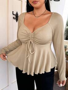 Vionelle Diamond Neckline Front Drawstring Ribbed Plus Size Long Sleeve T-Shirt - Apricot - View 6