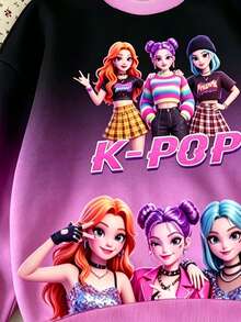 女童漸層粉紫色圓領衛衣，韓系K-POP卡通女孩滿版印花設計，時尚落肩長袖，羅紋袖口。黑色至粉紫色漸層底色搭配女團印花，甜酷風格，適合日常上學、外出，百搭時尚，年輕女孩完美的秋冬穿搭單品。萬聖節聖誕節 - 彩色 - 查看 5