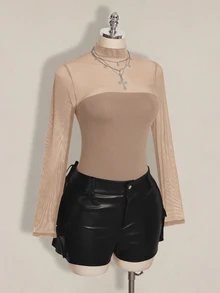 SHEIN ICON 大尺碼網格拼接 Y2K 性感連身衣 - 卡其色 - 查看 7