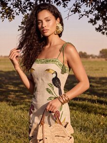 CAJUNI Fruit Toucan Print Tassel Tie Shoulder Cami Dress - Multicolor - View 6